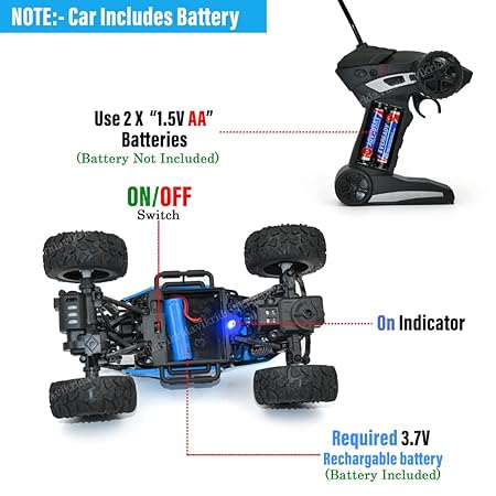 VikriDA Remote Control car with Mist Smoke Spray Function 1:18 Rock Crawler 2 WD High Speed Rechargeable Off-Road Monster Truck 45° Angle Climbing Car Toy for Kids - Blue Color