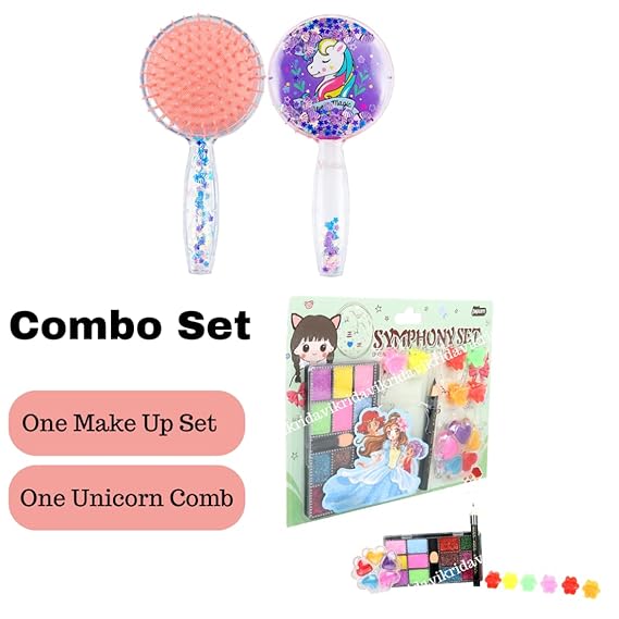 Vikrida 2 in 1 Combo Set of Cosmetic Real Makeup Palette with Unicorn Hair Brush for Kids | Pretend Play Toy Washable Non Toxic Deluxe Make up Set for Kids - Pink Color