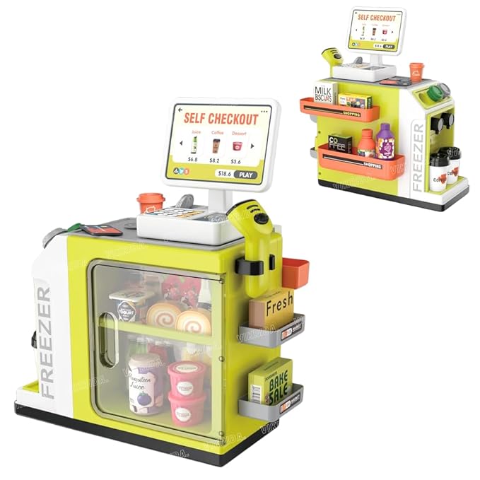 VikriDa 46-Piece Pretend Play Cash Register Toy Set with Water Outlet Function - Calculator, Shopping Bag, Scanners, Credit Cards, Coffee Machine, Play Food - Gift for Boys and Girls Ages 3+ (Green)