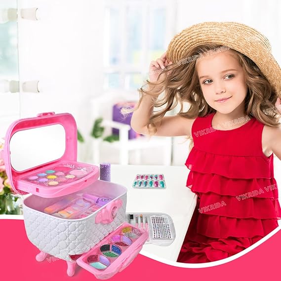 VikriDA Washable Kids Make Up, Play Makeup Toys with Portable Carrying Case, Safe & Non-Toxic Girl Makeup Set for Age 3-12 Year Old Christmas & Birthday Gift