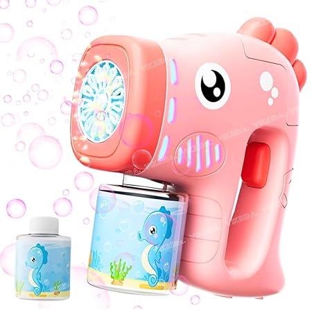 VikriDa Seahorse Bubble Gun with 1 Bottles Bubble Refill Solution for Toddlers | Bubble Blaster Party Favors, Summer Toy, Outdoors, Christmas, Birthday Gift - Pink