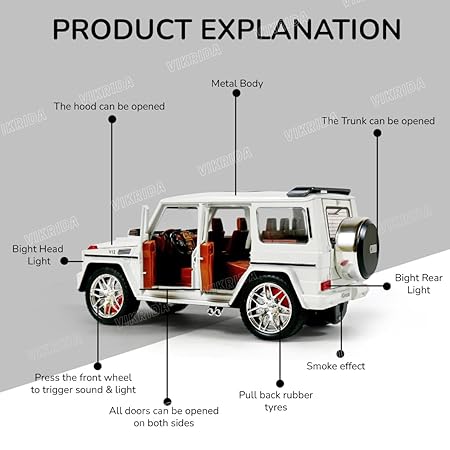 VikriDA Big Size car Model 1/24 Benz G63 AMG Model Car, Zinc Alloy Pull Back Toy car with Smoke,Sound and Light for Kids Boy Girl Gift (White)