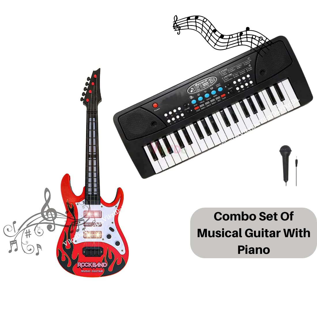 Vikrida 37 Key Piano Keyboard with Recording and Mic with Musical Guitar for Kids (37 keys and 8 tones, 8 rhythms 4 percussion) Black