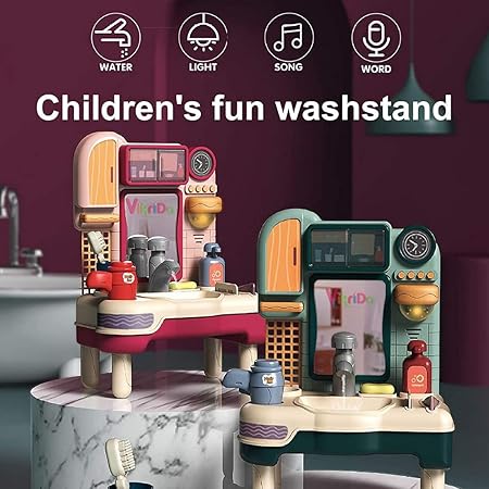 Vikrida Kids Play Sink with Running Water, Pretend Play Washbasin Toys Set with Working Faucet and Play Toothbrush & Blow Dryer for Toddlers - Multicolor