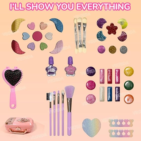 VikriDA Beauty Set Gift Toys for Girls Makeup Kit Attechi Set Washable Make up for Kids Princess Cosmetic Real Beauty Set Role Play (Pink)