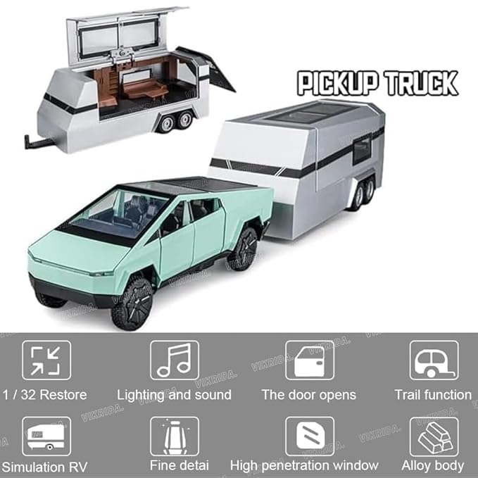 VikriDA 1/32 Pickup Trailer RV Model Kit, Off-Road Vehicle Alloy,Car Model Diecast Metal Toy,Truck Model Simulation Sound Light,Gifts for boy Girl (Green)