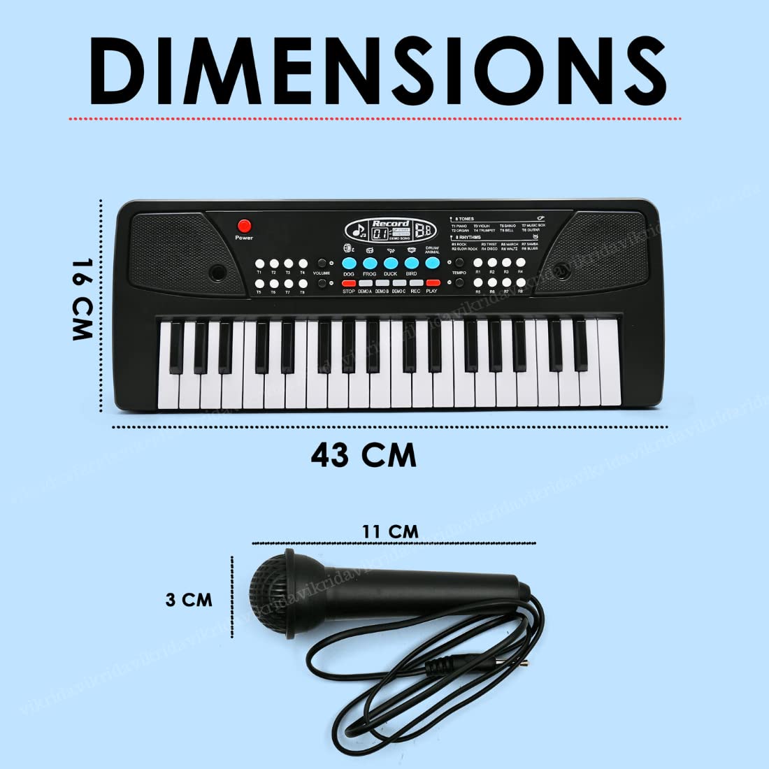 Vikrida Kids Keyboard Piano, 37 Keys Piano Keyboard with power option (37 keys and 8 tones, 8 rhythms 4 percussion) Black