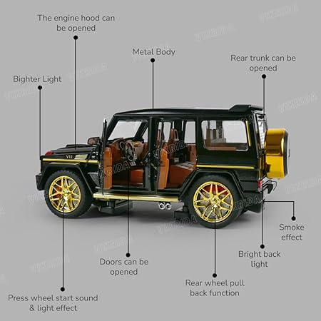 VikriDA Big Size Exquisite car Model 1/24 Benz G63 AMG Model Car, Zinc Alloy Pull Back Toy car with Smoke,Sound and Light for Kids Boy Girl Gift (Black)