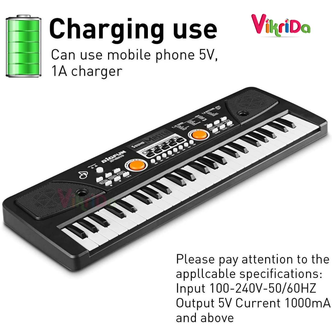 VikriDA 49 Key Piano Keyboard with DC Power Option, Recording Microphone with Wire,