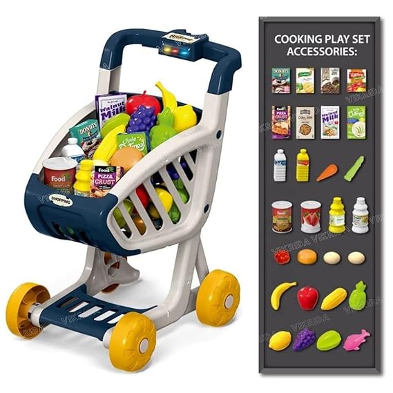 Vikrida 41 Food Fruit Vegetables - Shopping Groceries Cart Trolley for Kids | Pretend Play, Educational Toy Playset - Shopping Cart Trolley for Kids