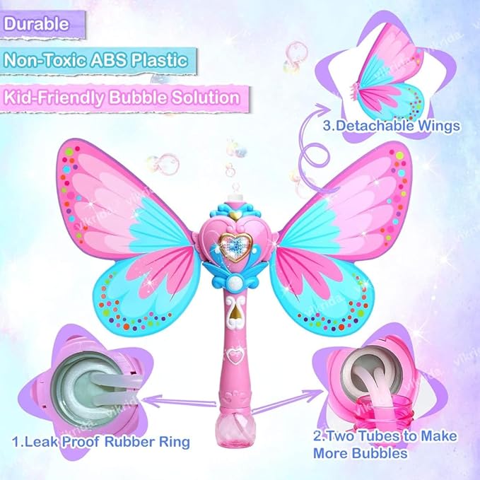 VikriDa Magic Wand Bubble Machine Butterfly Automatic Powerful Bubble Blower for Kids | for Indoor, Outdoor, Birthday, Wedding, Party, Park Garden Backyard Play (Bubble Solution Included)