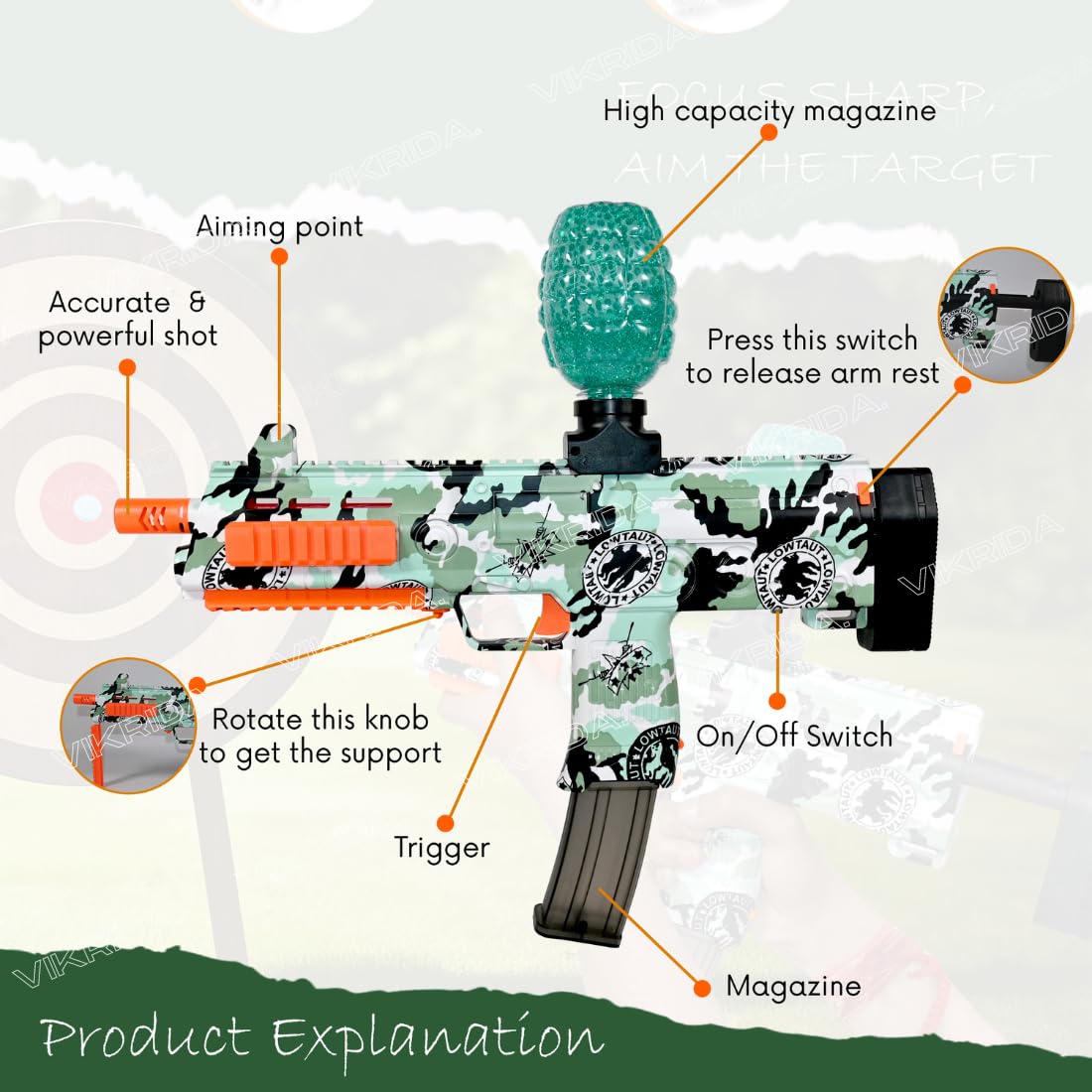 VikriDA Electric Gel Blaster with 10000 Rounds Gel Blaster Dual Battery Gun with Automatic Fast Fire