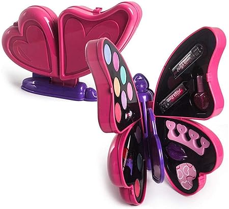 Vikrida 2 in 1 Big Size Butterfly Shape Cosmetics Makeup Kit and Nail Art Kit | Pretend Play Toy Non Toxic Deluxe Plastic Make up Case Set for Kids - Pink Color