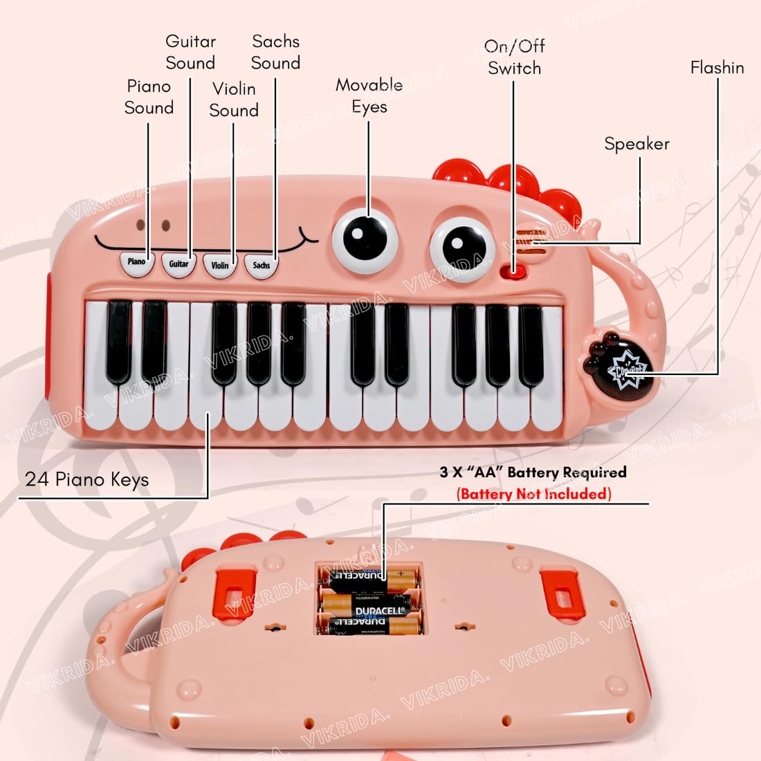 Vikrida 24 Key Mini Cartoon Piano Keyboard | Electronics Piano Keyboard Musical Toy - Pink Mini Dino Piano