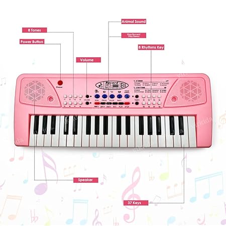 Vikrida Kids Keyboard Piano, 37 Keys Piano Keyboard with power option (37 keys and 8 tones, 8 rhythms 4 percussion) Pink