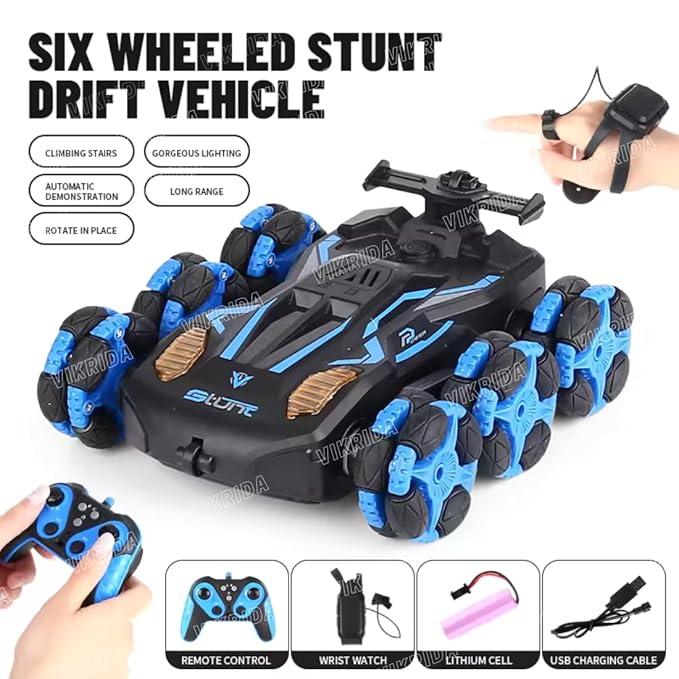 VikriDA Gesture Sensing Stunt Rc Cars, 6Wd Rechargeable Racing Drift Double-Sided Car, Hand Remote Control Crawler Toy for Boys 8 9 10 11 12 Year Old, Christmas Birthday Party Gifts for Kids - Blue