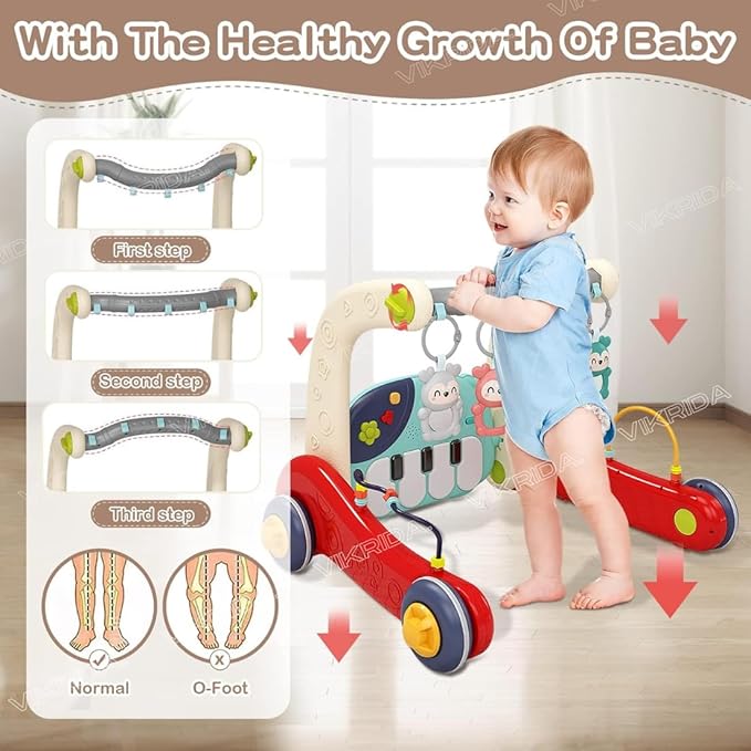 VikriDA 2 in 1 Musical Baby Activity Walker with Convertible Play Gym - Push Walker with Play Piano, Lights, Rattles & Tummy Time Mat for Babies & Toddlers