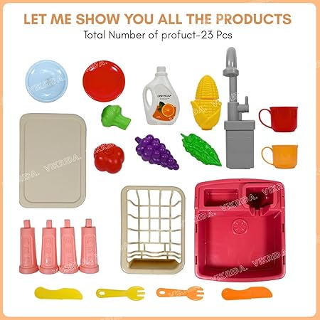 Vikrida Plastic Play Sink with Running Water, Kids Play Kitchen Toy Sink Electronic Dishwasher, Working Faucet Vegetable Fruits and Dishes Playset - Multicolor