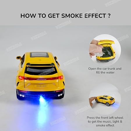 VikriDA Big Size 1:24 Scale Diecast Model Car - Lambo Urus with Smoke,Sound and Light Effects - Pullback Vehicle Toy Collection for Kids, Yellow