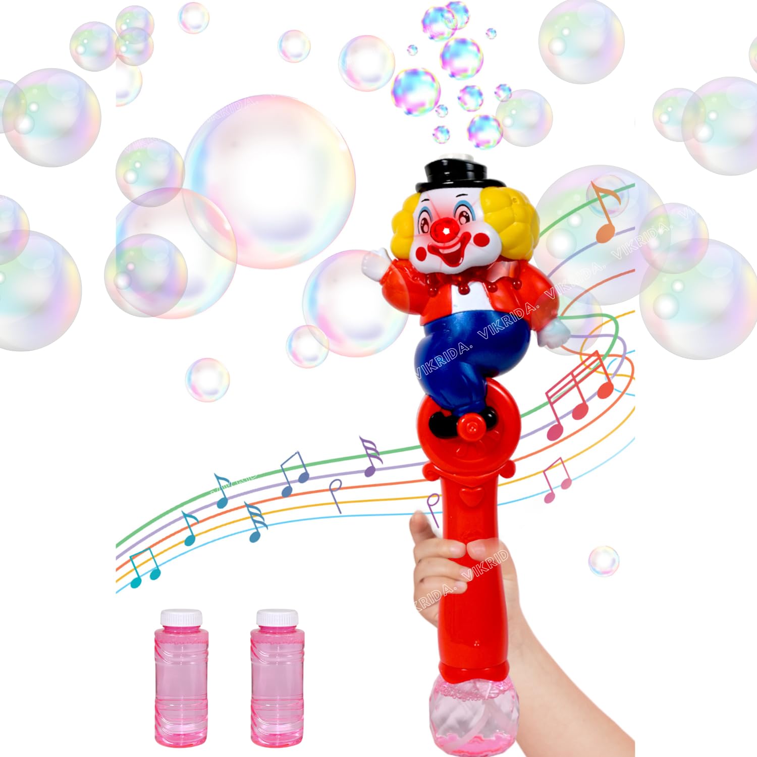 VikriDA Light Up Bubble Blower Wand with Thrilling LED & Sound Effect for Kids, 2 Bottles Bubble Fluid Included, Great Gift Idea, Party Favor - Clown