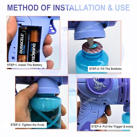 VikriDA Leak-Proof Design Automatic Bubble Gun for Kids & Toddlers with LED Light - includes 2 Bubble Liquid Bottles - Blue