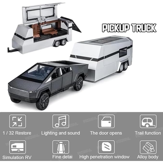 VikriDA 1/32 Pickup Trailer RV Model Kit, Off-Road Vehicle Alloy,Car Model Diecast Metal Toy,Truck Model Simulation Sound Light,Gifts for boy Girl (Black)