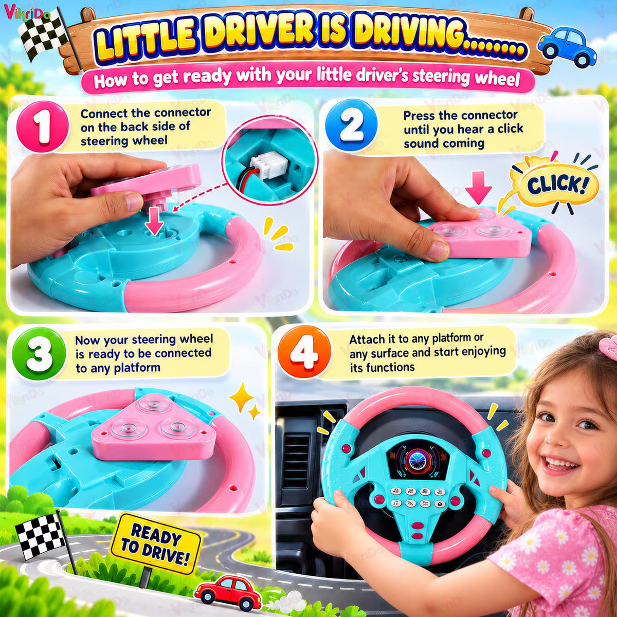 VikriDa Pink Interactive Steering Wheel Adventure Toy