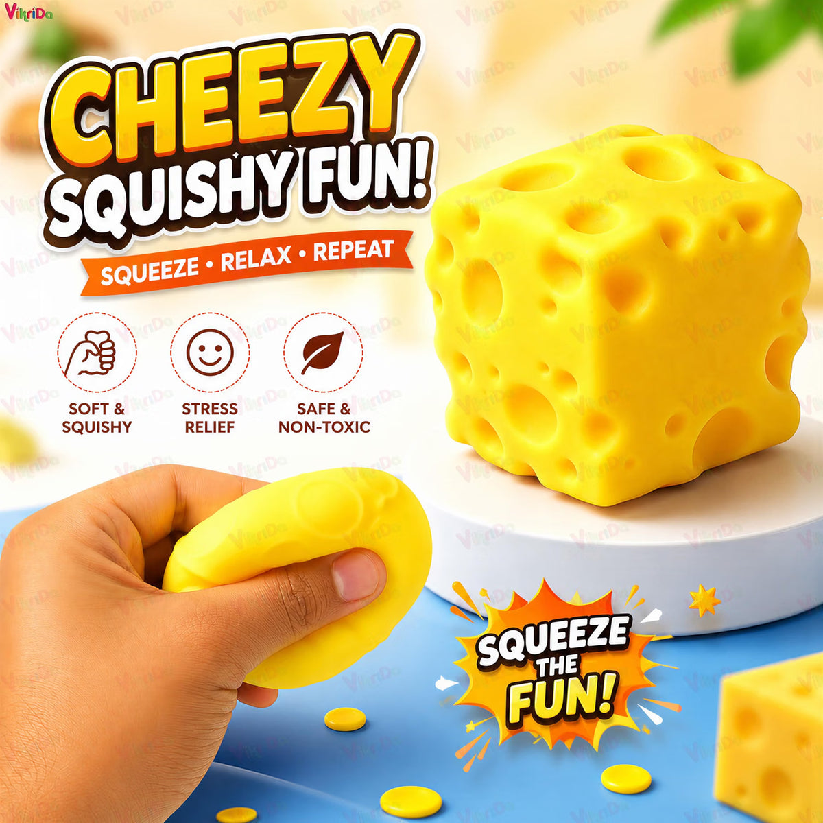 VikriDa Cute Cheese Block Squishy Fidget Toy