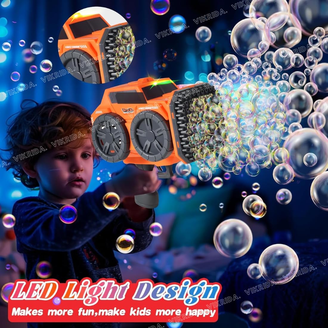 Vikrida 139 Holes Automatic Bubble Gun Blaster with Bubble Refill Solution, Indoor & Outdoor Bubble Maker Blower Summer Toys - Orange