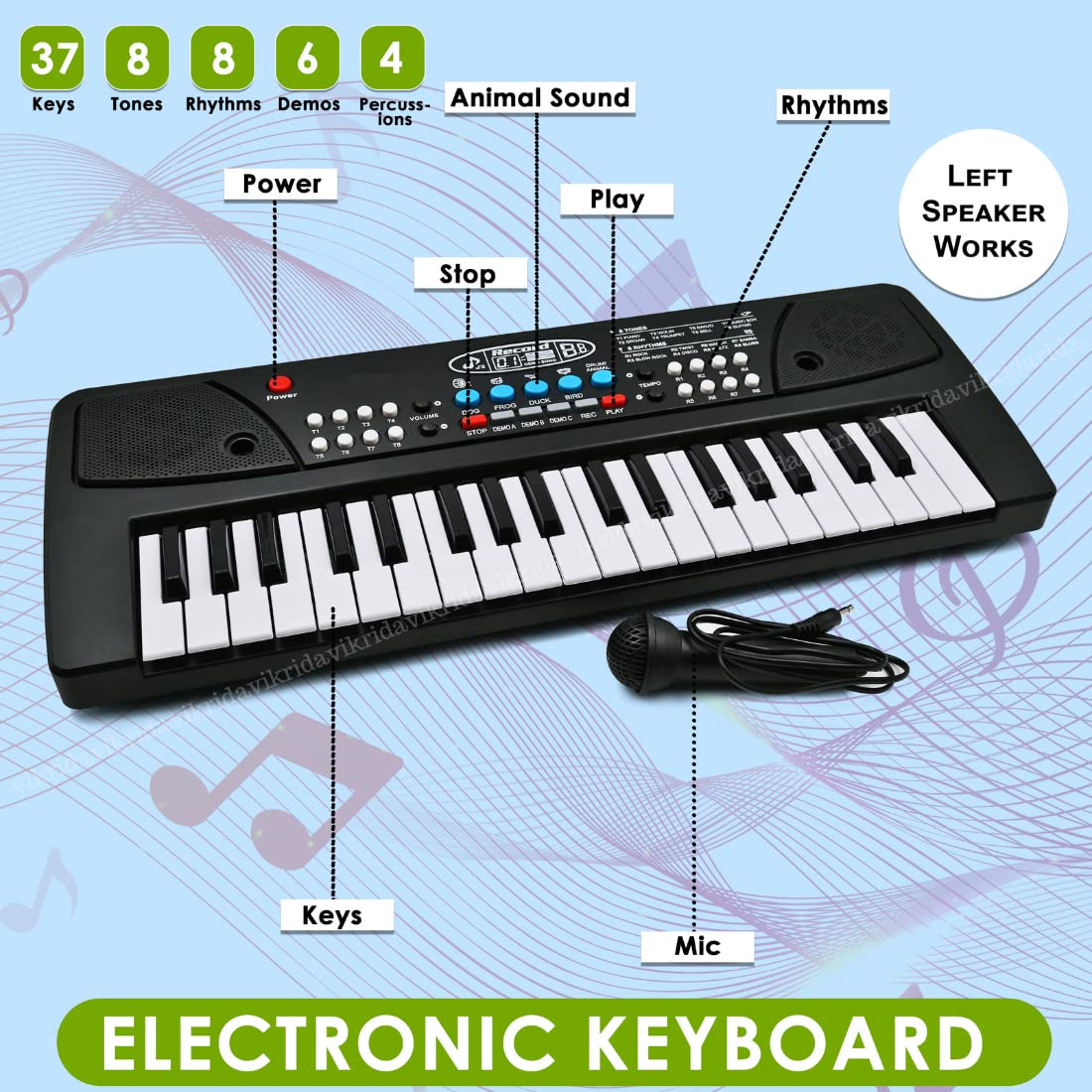 Vikrida Kids Keyboard Piano, 37 Keys Piano Keyboard with power option (37 keys and 8 tones, 8 rhythms 4 percussion) Black