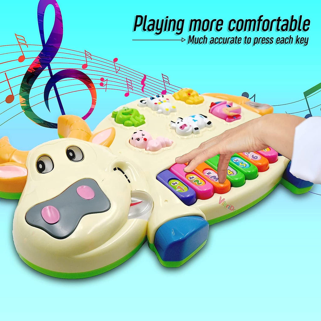 Vikrida Multicolor Musical Cow Piano Toy with Flashing Light & Sound for Kid, Early Development Musical Toy Plastic