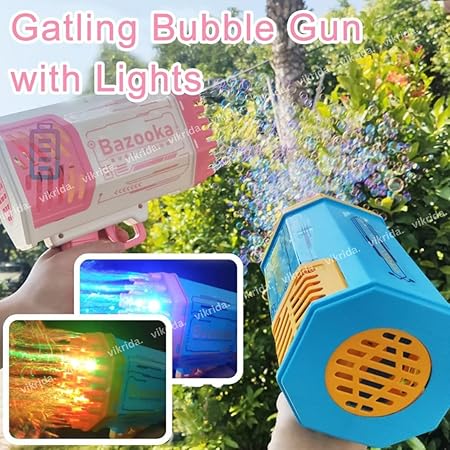 Vikrida 69 Hole Automatic Bazooka Bubble Gun for Kids with Colorful Lights & Colourful Bubble - Yellow