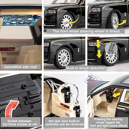 VikriDA 1/24 Rolls-Royce Phantom Model Car,Zinc Alloy Pull Back Toy Diecast Toy Cars with Sound and Light for Kids Boy Girl Gift (Black)