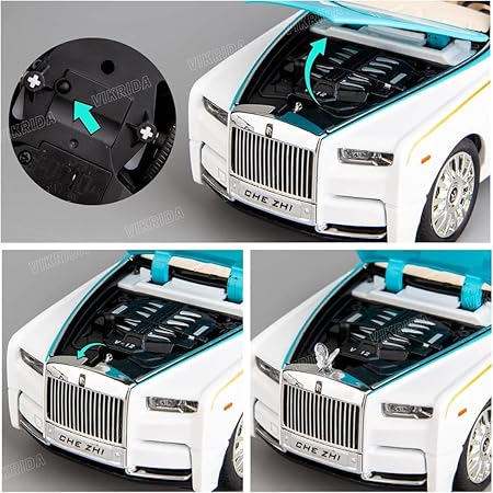 VikriDA 1/24 Rolls-Royce Phantom Model Car,Zinc Alloy Pull Back Toy Diecast Toy Cars with Sound and Light for Kids Boy Girl Gift(Blue-White)