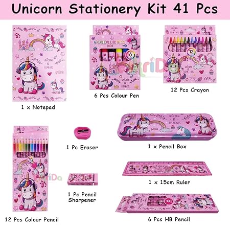 VikriDA Stationary Kit for Girls, 41Pcs Stationary Items for Girls Pencil Box, Colors, Eraser and Sharpener (Pink)