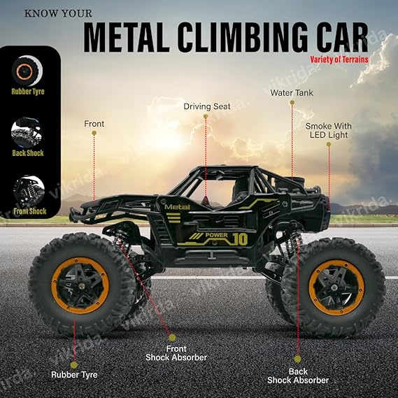 VikriDA Remote Control car with Mist Smoke Spray Function 1:18 Rock Crawler 2 WD High Speed Rechargeable Off-Road Monster Truck 45° Angle Climbing Car Toy for Kids - Black Color