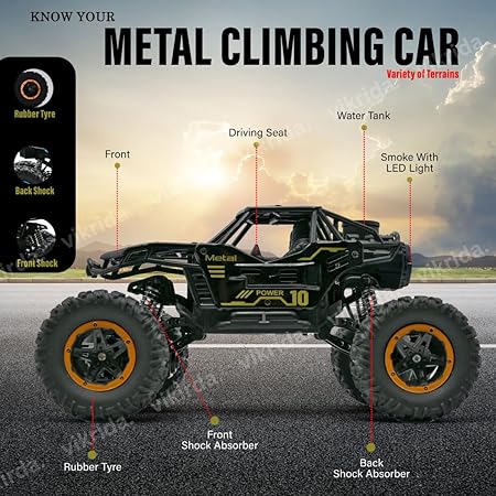 VikriDA Remote Control car with Mist Smoke Spray Function 1:18 Rock Crawler 2 WD High Speed Rechargeable Off-Road Monster Truck 45° Angle Climbing Car Toy for Kids - Black Color