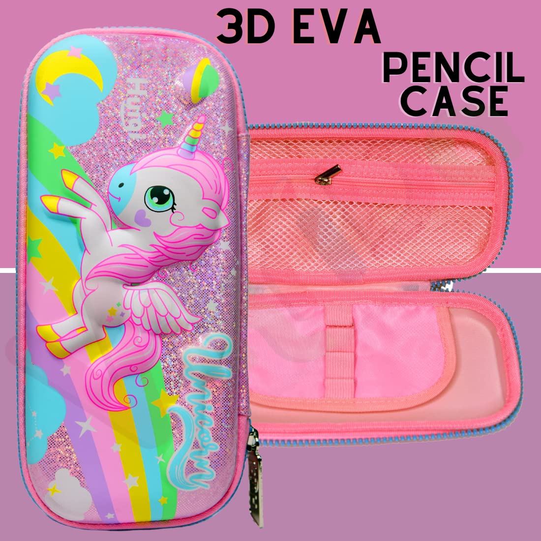 VikriDA Unicorn Pink Hardtop Pencil Case with Multiple Compartments -