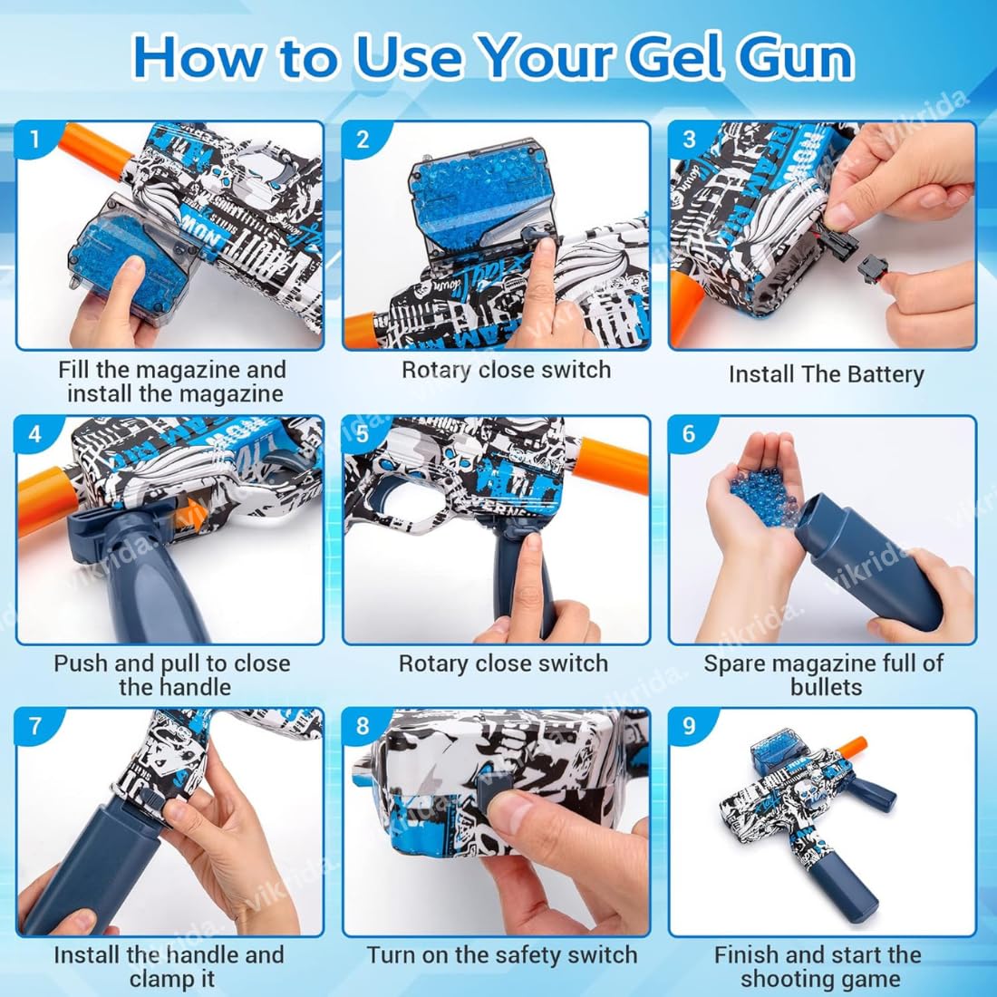 VikriDA Ball Blaster MP-9 Gel Blaster with 10000 Gel Balls & Goggles | Outdoor Game Toys for 14+ Boys Girls