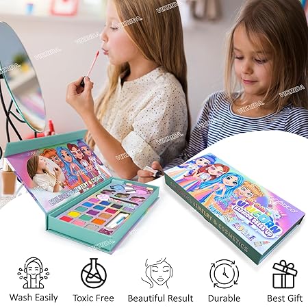 VikriDA Kids Washable Makeup Kit, Fold Out Makeup Palette with Mirror, Make Up Toy Cosmetic Kit Gifts for Girls - Safety Tested- Non Toxic