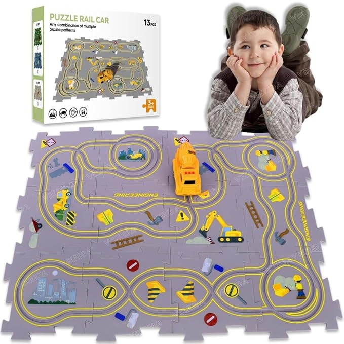VikriDA Rail Car Puzzle Track Toy for Kids,Puzzle Racer Kids Car Track Play Set Puzzle DIY Assembling,Puzzle for Toddlers Educational,Perfect Toy Preschool Gifts(13Pcs)
