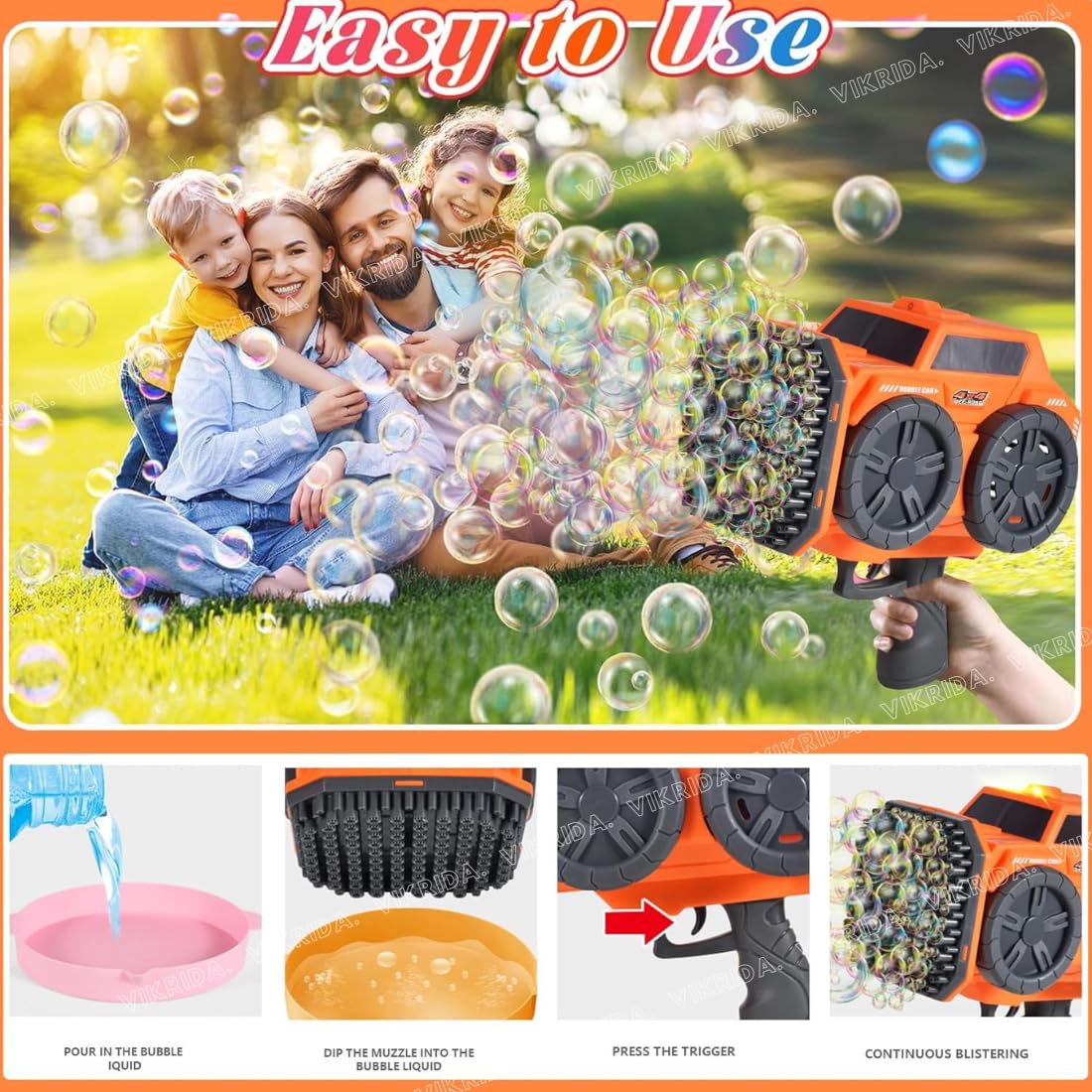 Vikrida 139 Holes Automatic Bubble Gun Blaster with Bubble Refill Solution, Indoor & Outdoor Bubble Maker Blower Summer Toys - Orange
