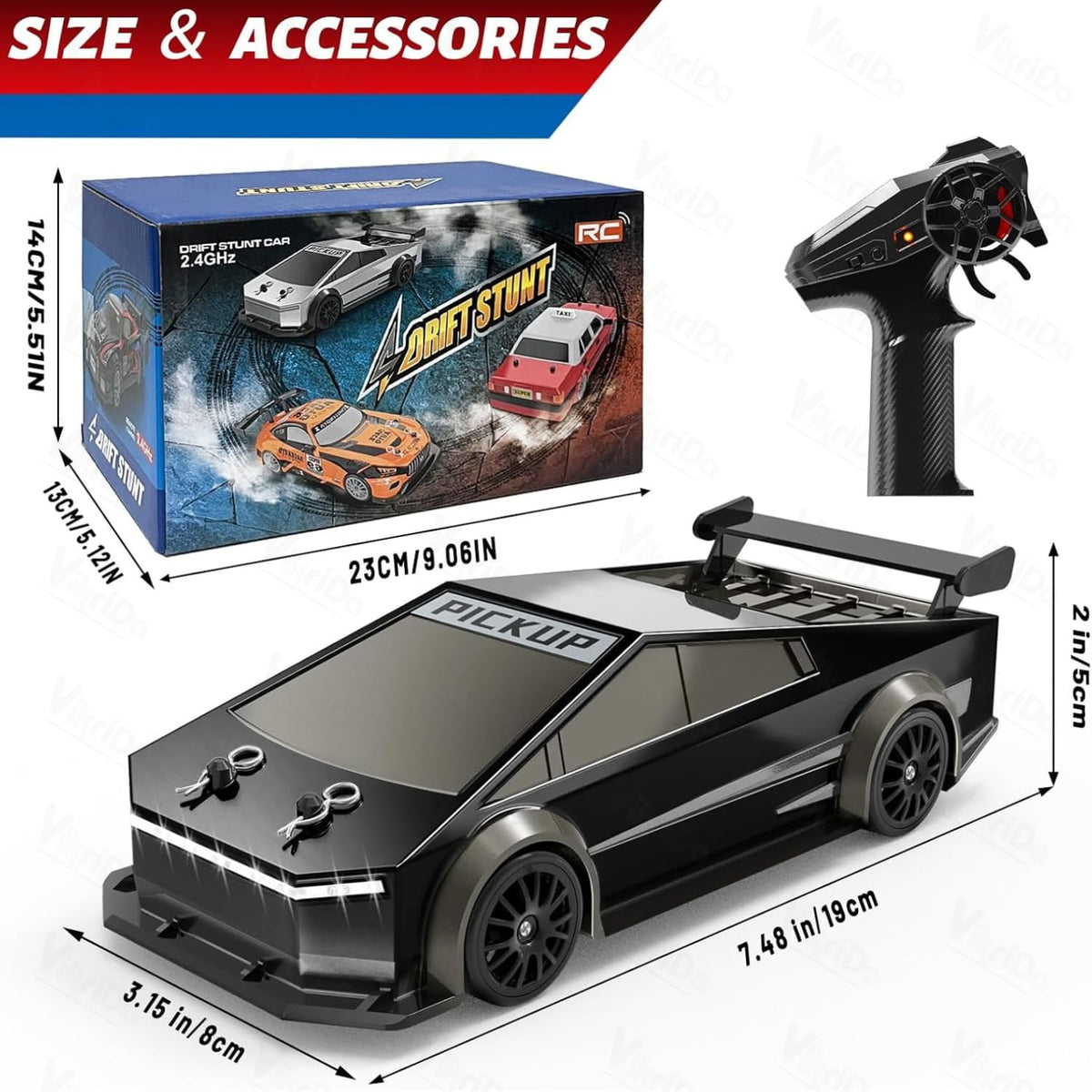 VikriDa RC Black Tesla-Style Pick-Up Drift Car for Kids