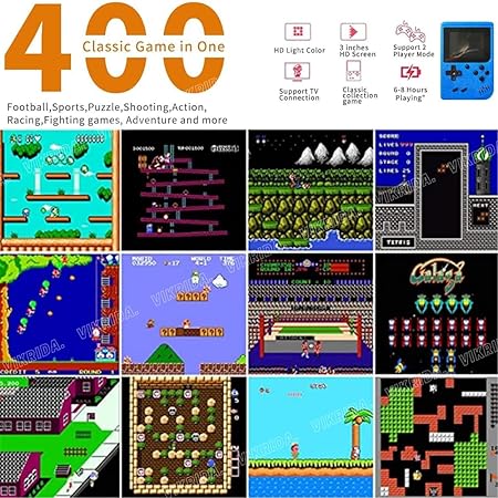 VikriDA Game Box 400 in 1: Handheld Retro Game Console with 400 Classic Games, 2 Player Capability, TV Output, Portable & Rechargeable, Perfect Gift for Kids 7-12