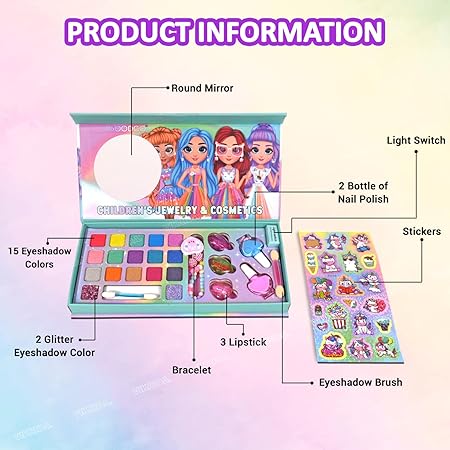 VikriDA Kids Washable Makeup Kit, Fold Out Makeup Palette with Mirror, Make Up Toy Cosmetic Kit Gifts for Girls - Safety Tested- Non Toxic