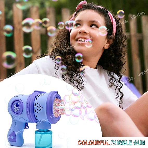 VikriDA Leak-Proof Design Automatic Bubble Gun for Kids & Toddlers with LED Light - includes 2 Bubble Liquid Bottles - Blue
