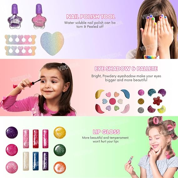 VikriDA Beauty Set Gift Toys for Girls Makeup Kit Attechi Set Washable Make up for Kids Princess Cosmetic Real Beauty Set Role Play (Pink)