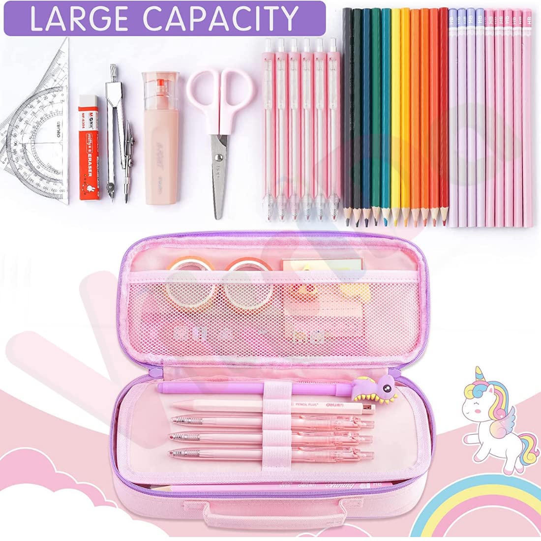 VikriDA Unicorn Pink Hardtop Pencil Case with Multiple Compartments -