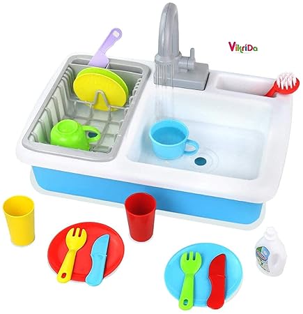 Vikrida kitchen sink kids toys - portable kitchenware and cooking accessories for boys and girls - pretend and role play games- Multi color