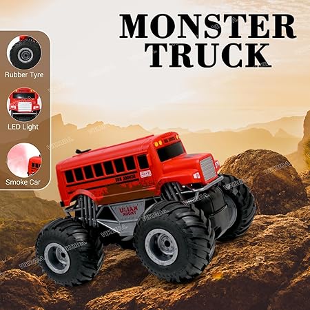 VikriDA Remote Control Toy for Boys RC School Bus Truck with Smoke and LED Lights High Speed Offroad RC Racing Car USB Rechargeable Monster Trucks for Kids - Red Color